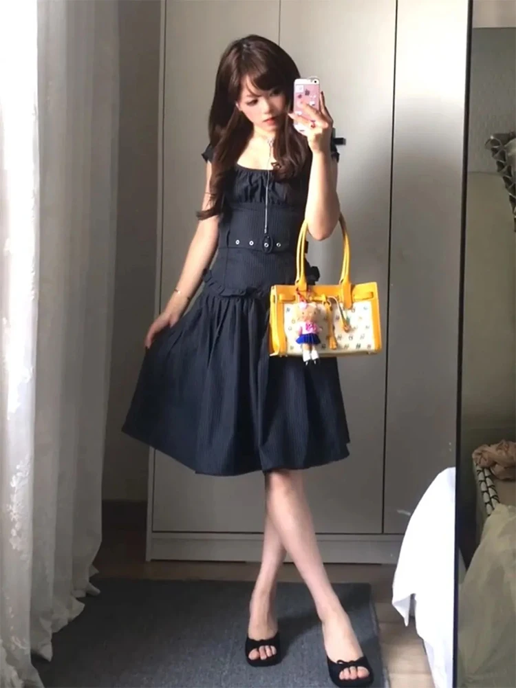 Summer New Women's Striped Shirt And Skirt Set Slimming Waist Bubble Sleeve Square Collar Two-Piece Outfit French Style Fashion