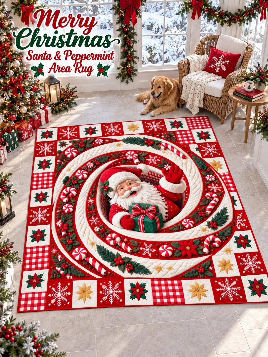 Christmas Rug Santa Peppermint Candy Swirl Floor Decor Carpet Living Room Bedroom Dining Area Entryway Apartment Cabin Winter Home Accent Beside Sofa Coffee Table Housewarming Birthday Gift for Family Sisters Friends Neighbors Holiday Celebrations