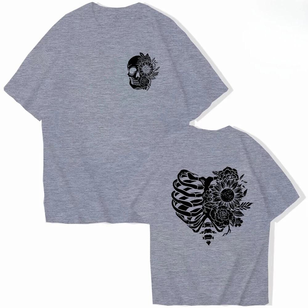 هالوين تي شيرت للنساء الأزهار الهيكل العظمي طباعة المرأة قصيرة الأكمام س الرقبة التي شيرت السيدات السببية قميص الملابس بلايز القوطية قميص #6