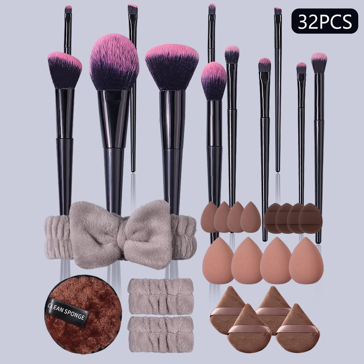Juego de brochas de maquillaje multiusos, 32 Uds., esponja de maquillaje sin obstrucciones, esponja para polvo de huevo y banda para el cabello de limpieza suave, juego de correas para la muñeca