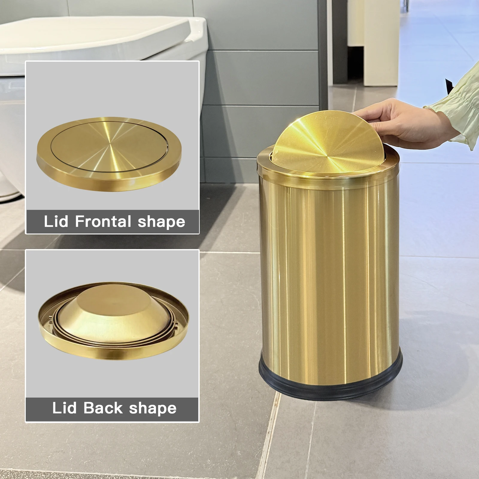 9L light luxury gold trash can with swing lid ，gold garbage bin for bathroom ，living room, office, bedroom, hotel