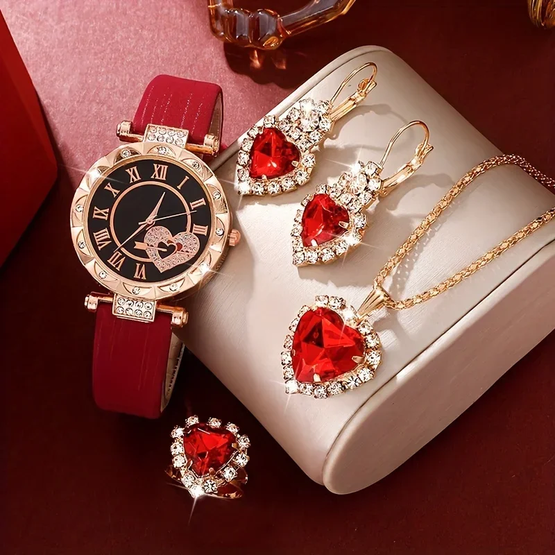 5pcs/set Women's Watch Romantic Rhinestone Heart Quartz Watch PU Leather Wrist Watch & Jewelry Set, Valentines Gift For Her