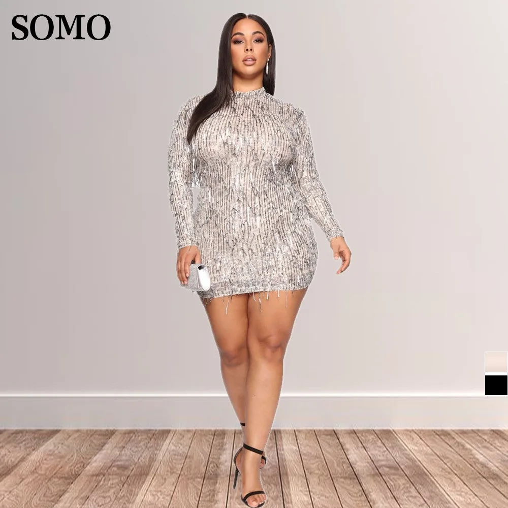 

SOMO Sequins Tassel Evening Dresses for Women 2022 Autumn Plus Size Clothes High Elastic Party Mini Dress Wholesale Dropshipping