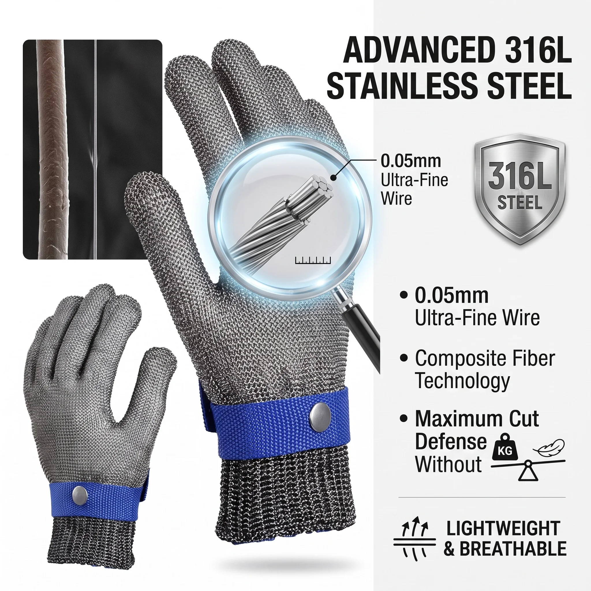 Cut Proof Gloves 316L Stainless Steel Wire Mesh Chain Mail Kitchen Cut Resistant Gloves Stab Proof Work Gloves with Liner