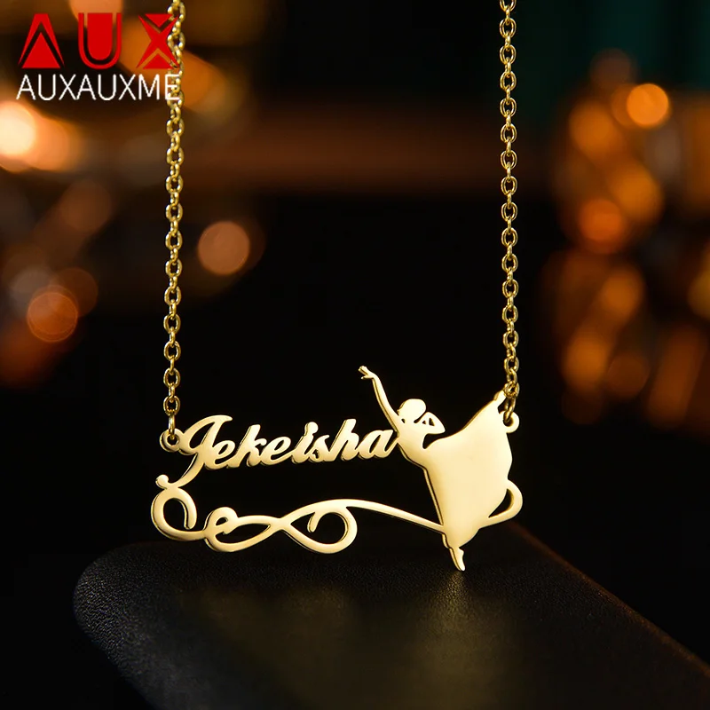 

Auxauxme Custom Name Dancer Necklace Stainless Steel Personalized Nameplate Fairy Angel Choker Women Bitrthday Jewelry Gifts