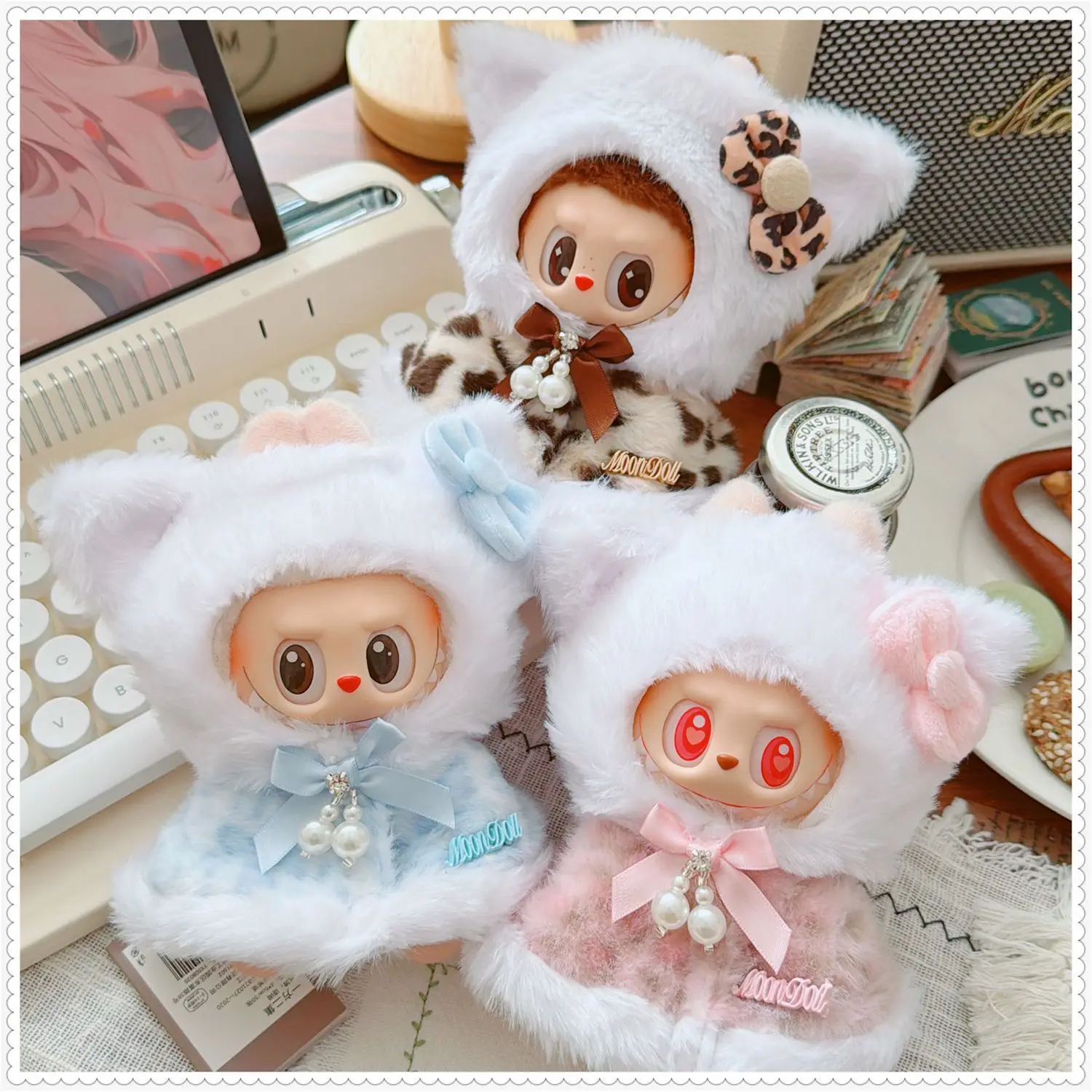 

10-17cm Kawaii Labubu Clothes Cartoon Leopard Print Pink Blue Cat Coat Plush Doll Clothes Accessories Toys for Girls Fans Gifts