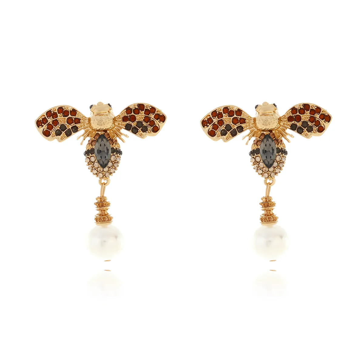Retro design sense alloy diamond-encrusted bee earrings fashionable versatile colored diamond insect earrings women's hot sale