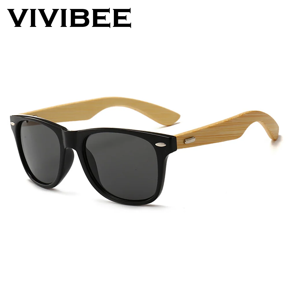 

VIVIBEE Best Retro Men Real Bamboo Black Unisex Sunglasses UV400 2025 Classic Wooden Wood Square Glasses for Women Shades