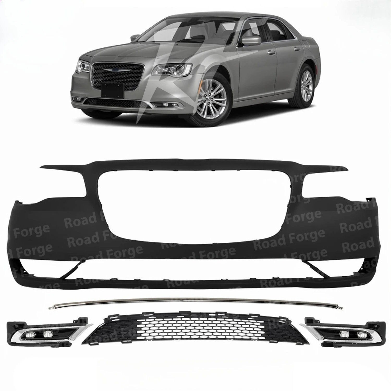 Front Bumper Cover Primed Plastic & Fog Lights Kit Fits 2015-21 Chrysler 300
