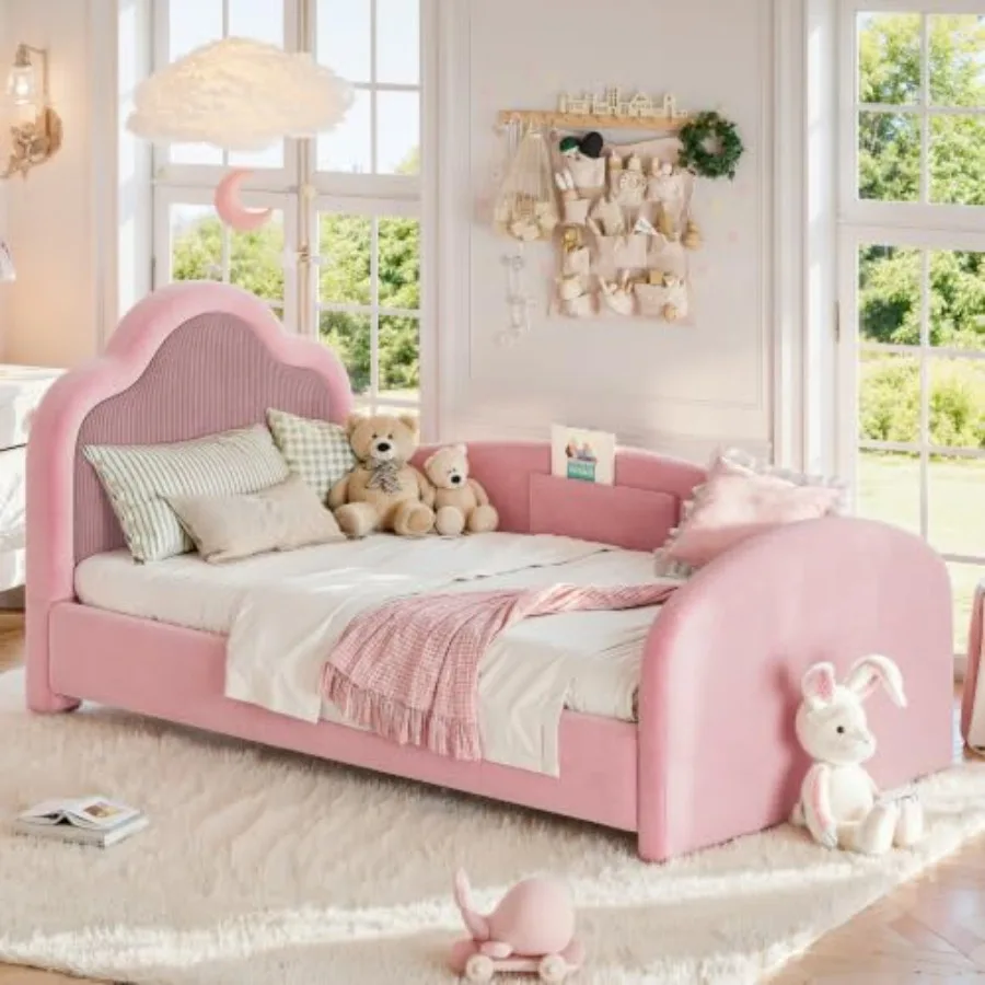 Upholstered Montessori Floor Bed with Rails and Storage Pocket