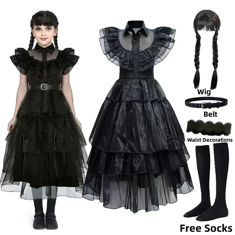 SN88 Wednesday Addams Dress Up Costume for Girls Birthday Halloween Cosplay Party Dress with Wig Socks Belts For Kids 2-12 *#2@5