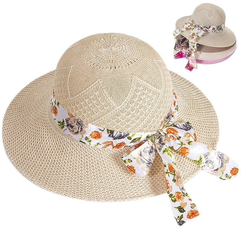 Wide Brim Imitated Straw Sun Hats Long Floral Ribbon Bowknot Knitted Cap for Women Summer Outdoor Travel Beach Hat Panama Caps