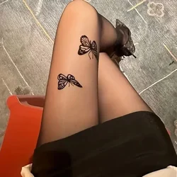 Sexy Women Black Tights Vintage Y2K Butterfly Print Summer Thin Style Anti-run Stockings Transparent Silk Pantyhose Girls Lolita