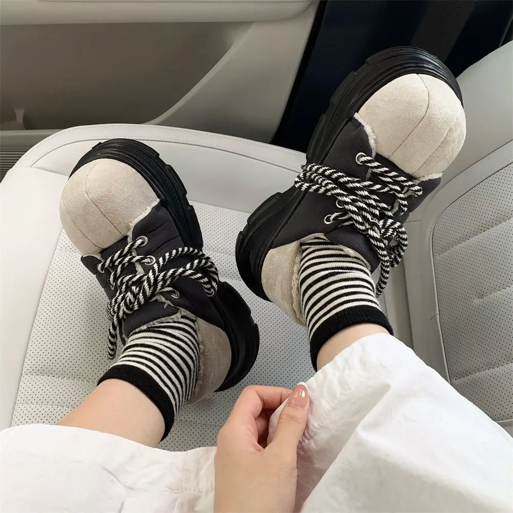 Warm Versatile Fleece-Lined Cotton Shoes Women Students Outdoor Slip-Resistant Thick-Sole Color-Block Lace-Up Sneakers Soft