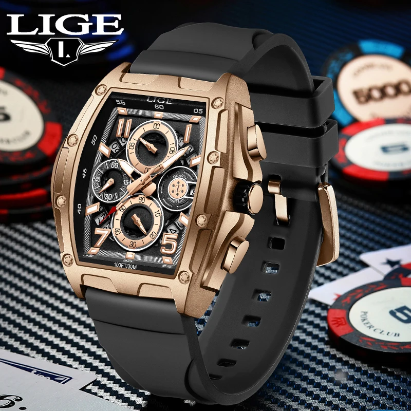 LIGE Fashion Big Dial Quartz Man Watch Top Brand Luxury Waterproof Casual Sport Watches for Men Silicone Military Wristwatch New