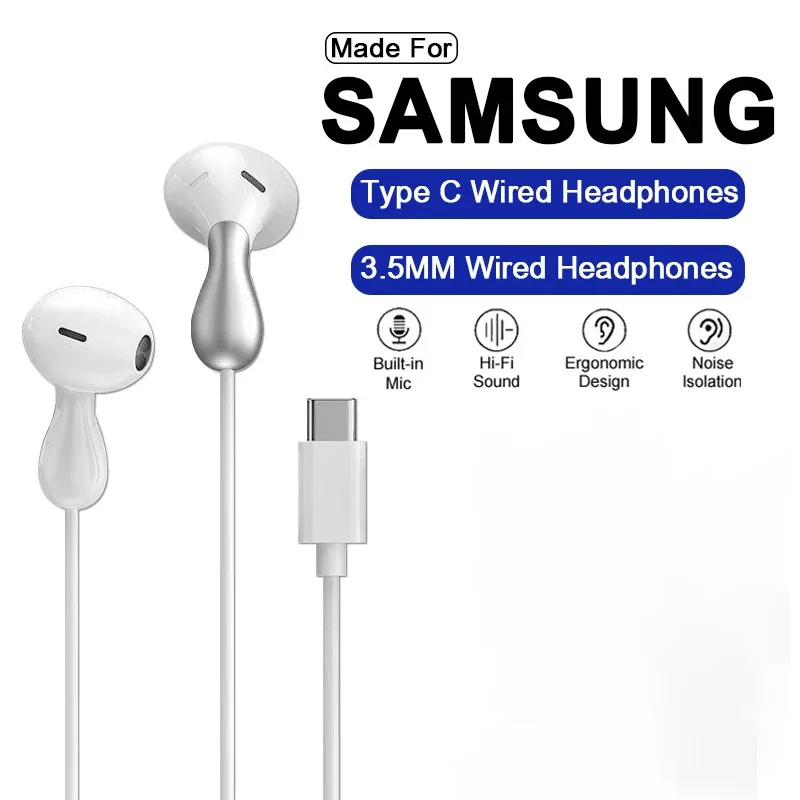 For Samsung Galaxy S24 S23 S22 Ultra Note 20 Hi-Fi Bass Stereo Headphones With Microphone, Class C 3.5mm Electronic Headphones