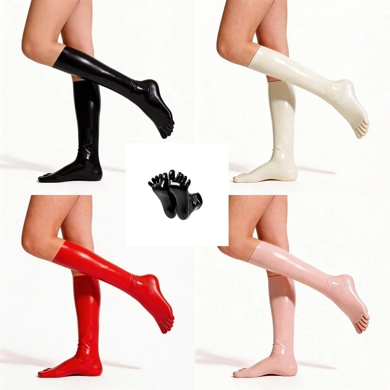 1 Pair Solid Color mid-length latex five-toe socks 3D latex clothing Sexy Woman Performance Cosplay Dress Accessories