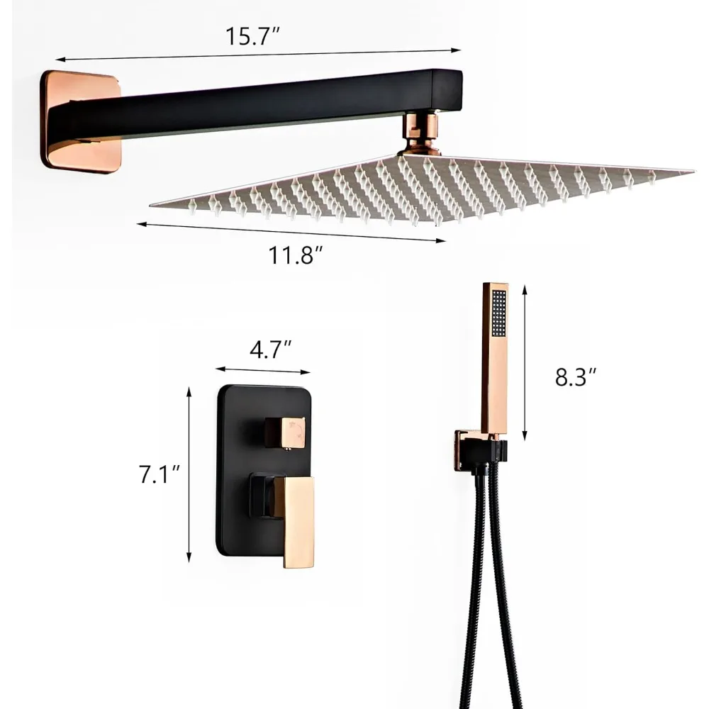 Matte Black and Rose Gold Shower System with 12 Inch Square Rainfall Showerhead, Complete Wall Mounted Set for Modern Bathroom U