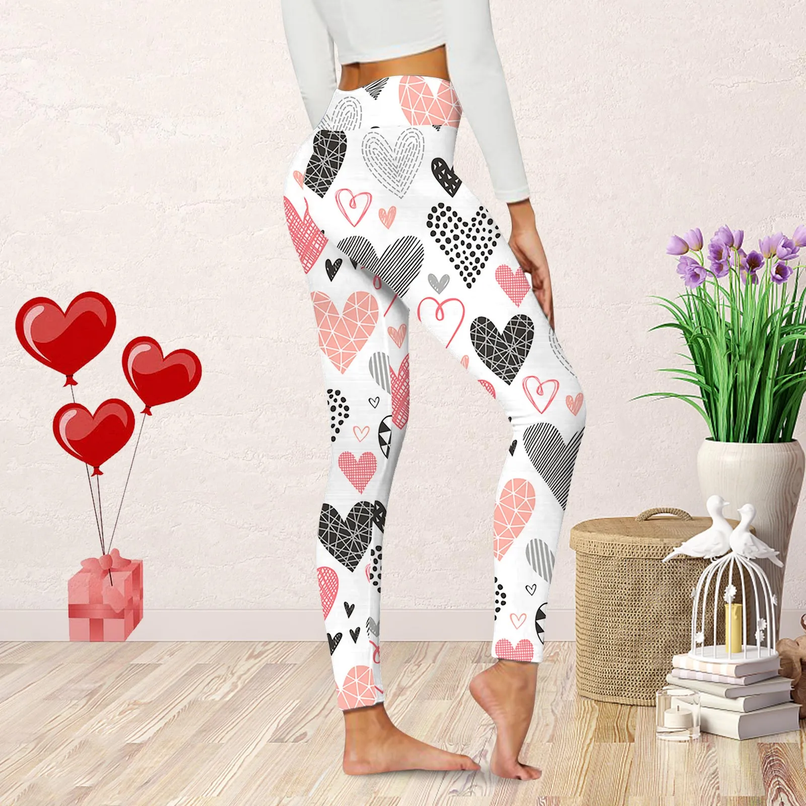 Valentine's Day Women Leggings High Waist Heart Print Stretchy Pant Sexy Slim Fitness Elastic Sports Trousers Outerwear Tights