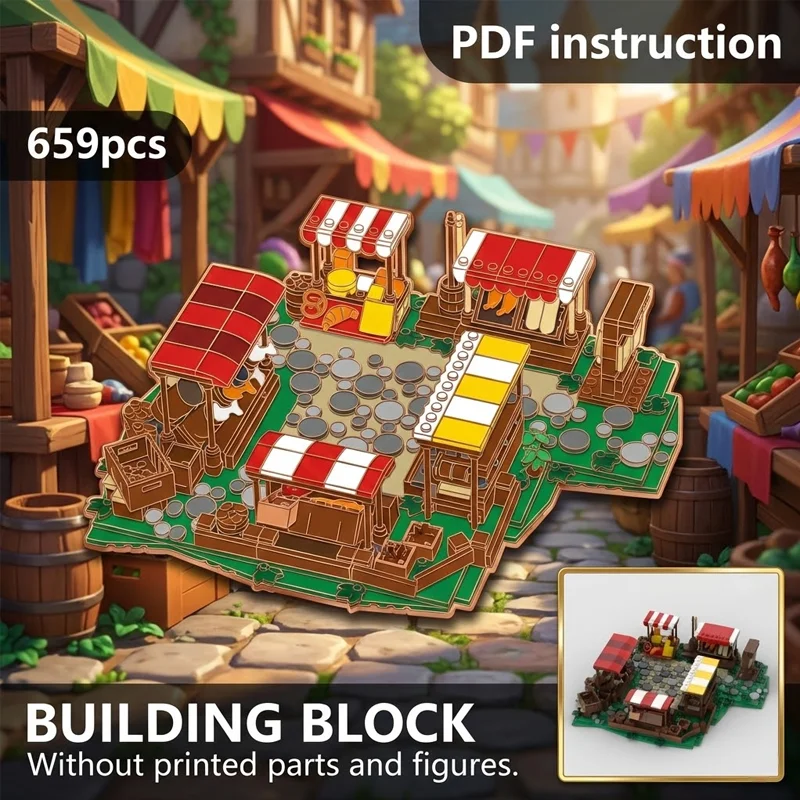 

Wooden Stalls Medieval Market Square MOC Block Model with Cobblestone Plaza Canopy Scene for 10332 moc