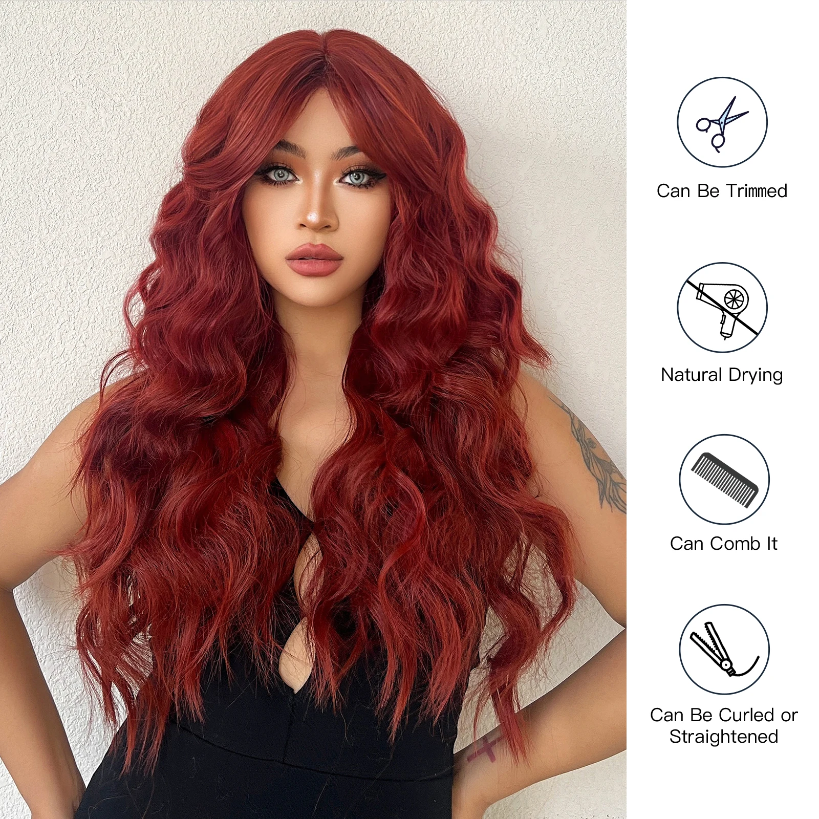 Long Curly Synthetic Wigs Wine Burgundy Hair with Bangs Water Wave Wig for Women Heat Resistant Body Wave Wig Full Hair Cosplay