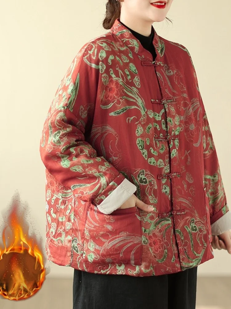 

Women's Thiened Cotton Jaet with Button Closure Winter Outerwear Floral Patterned Hide Flaws Anti-Aging Small Cotton Coat