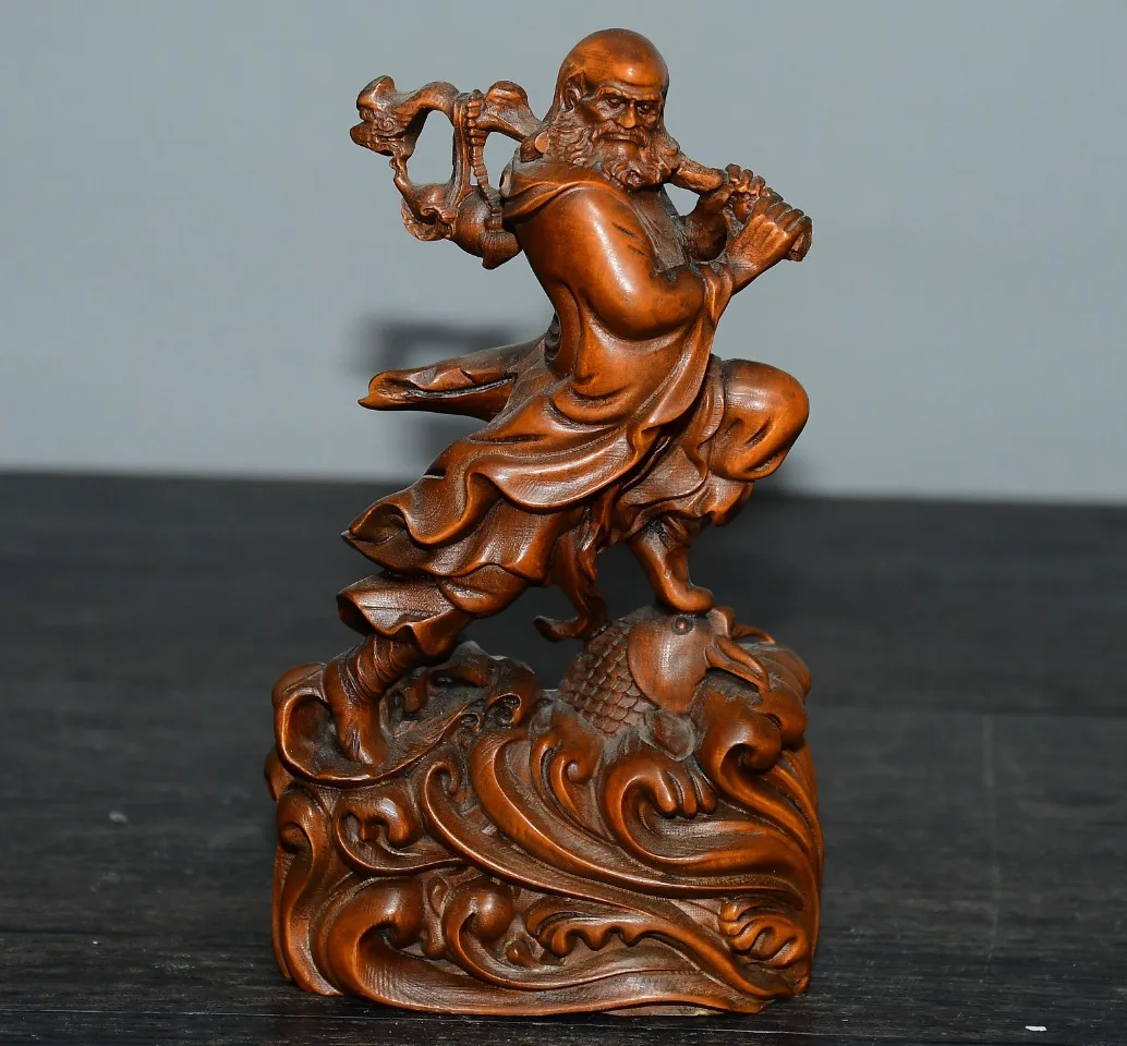 

5"Tibetan Temple Collection Old Boxwood Bodhidharma Buddha Crossing the River Dharma Statue Worship Hall Town house