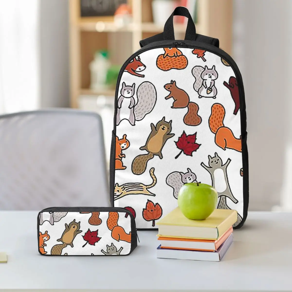 Squirrels In Fall Doodle Backpack Student BookBag School Bag Shoulder Bags 3ps Insulated Lunch Bag Pencil Case