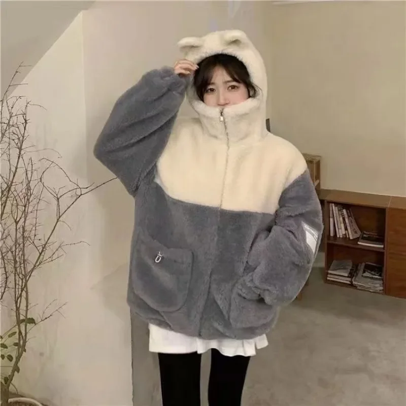 Winter Hooded Sweater Japanese Cute Bear Ears Contrast Color Wool Lamb Coat Students Loose Joker Thickened Cotton-padded Jacket