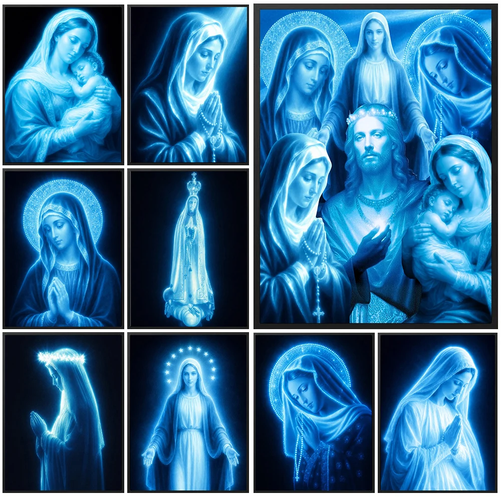 Blue Neon Virgin Mary Canvas Wall Art, Praying Holy Mother Poster,Catholic Religious Print Painting for Chapel Prayer Room Decor