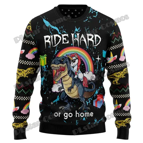 PLstar Cosmos Dinosaur Unicorn Ride Hard 3D Printed Mens Ugly Christmas Sweater Winter Unisex Casual Knit Pullover Sweater ZZM36