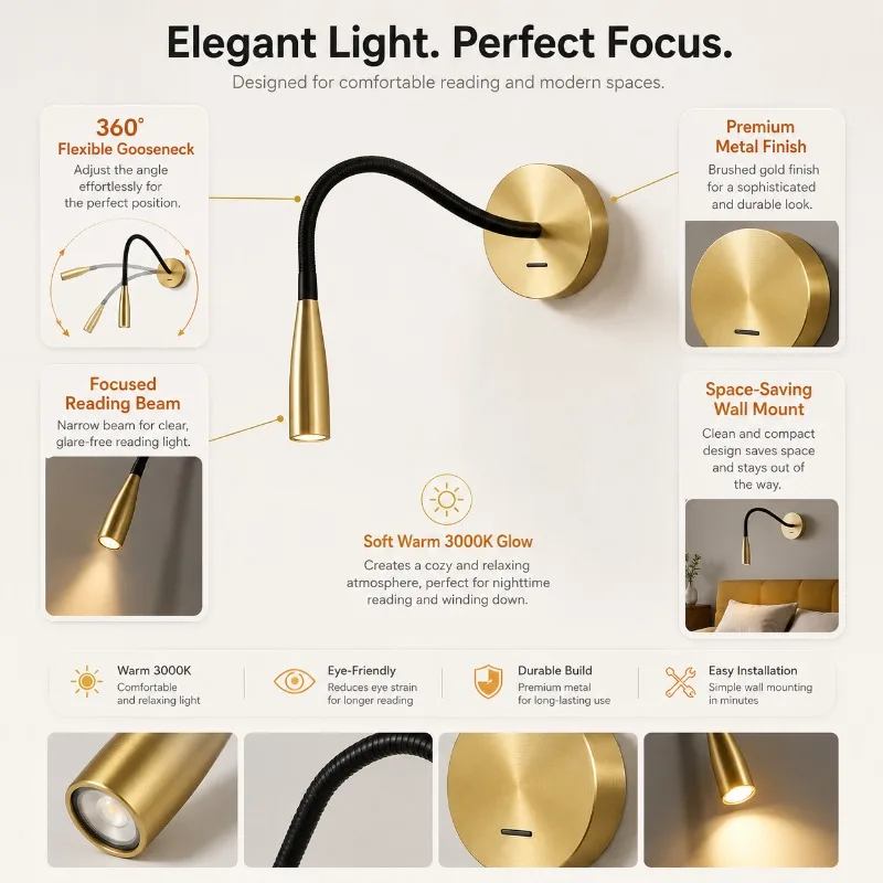 

Minimalist Engineering Style Flexible Tube Reading Wall Lamp Full Spectrum Gooseneck Lamp Hotel Room Bedroom Bedside Lamp