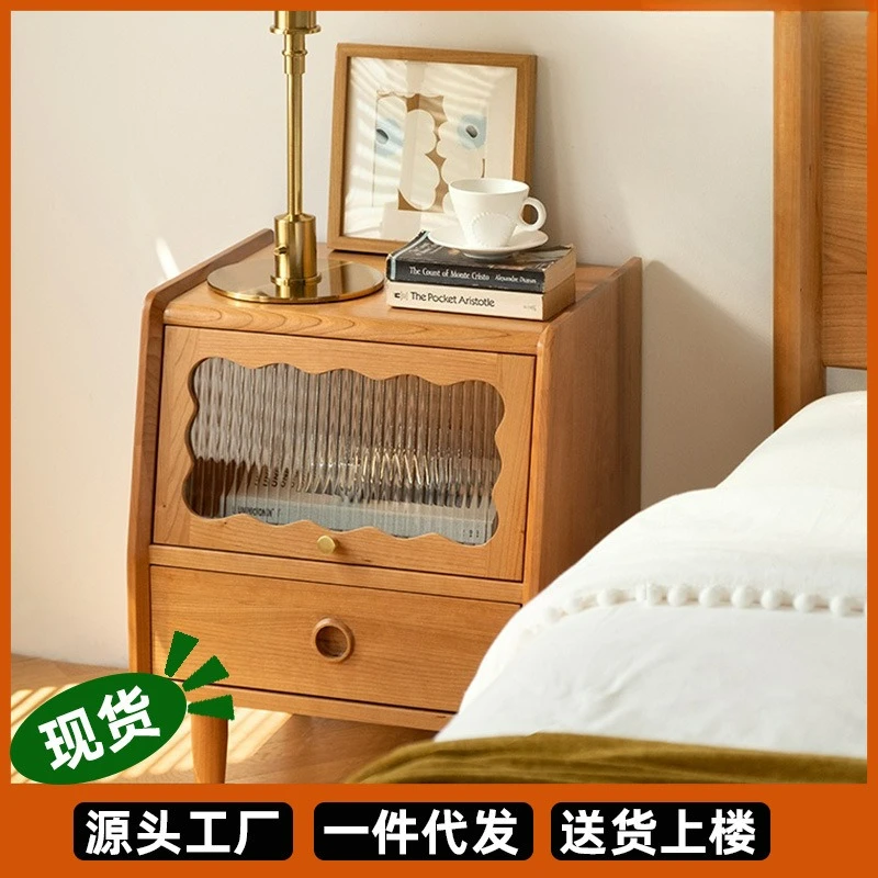 

Customizable Solid Wood Turning Glass Small Cherry Wood Vintage Furniture Modern Bedroom Storage Bedside Cabinet