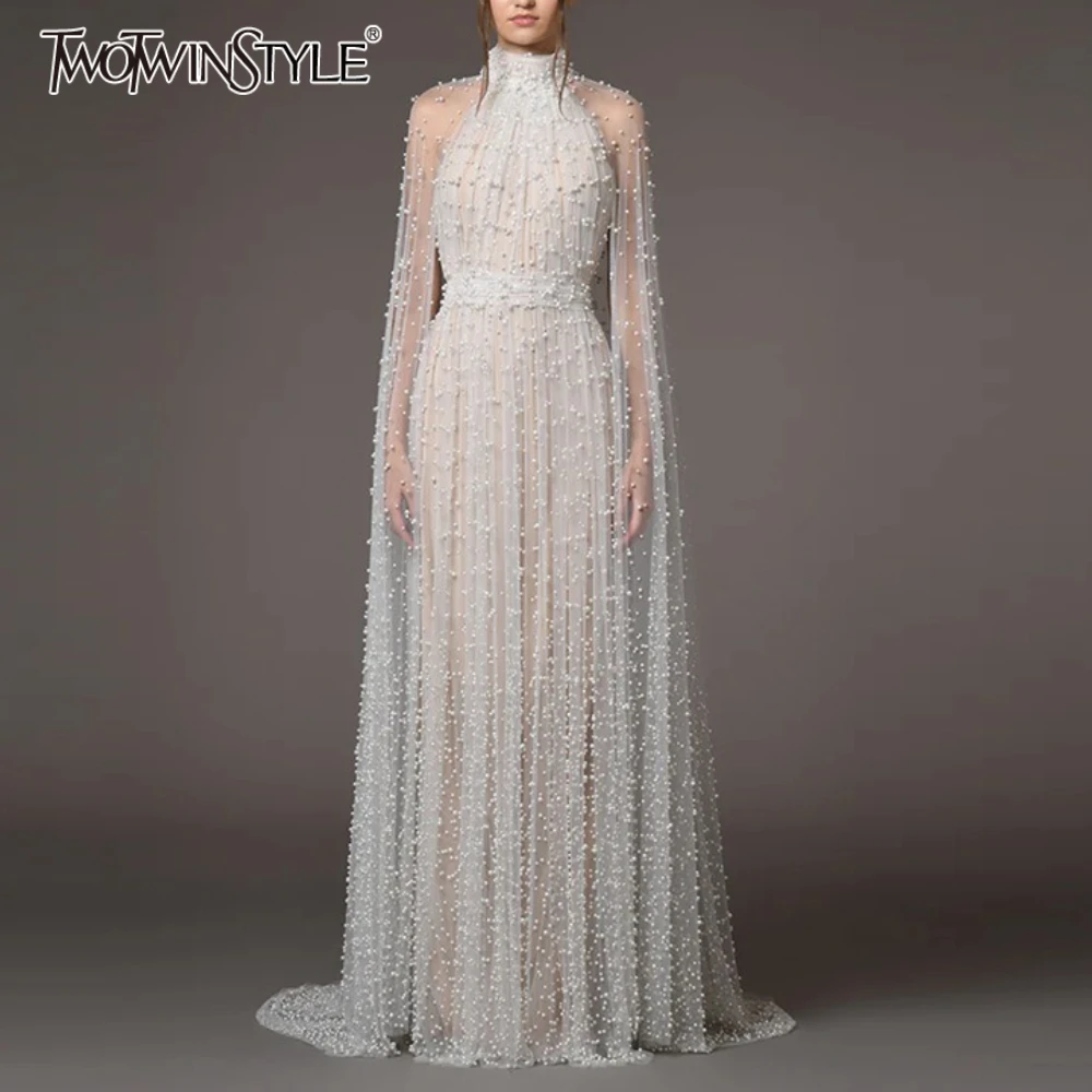 TWOTWINSTYLE Slimming Spliced Bead Temperament Dresses for Women Round Neck Long Sleeves Patchwork Mesh Dress Female Clothing