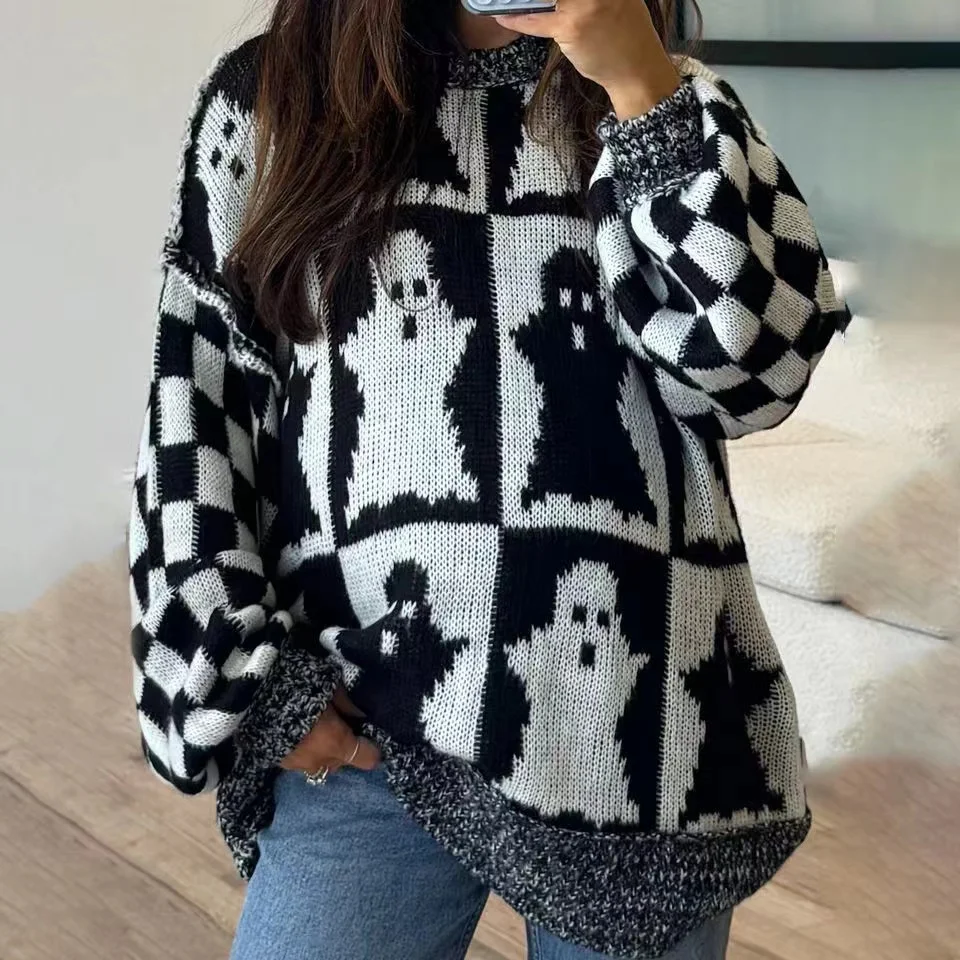 2024 New  Halloween Checkered Color Matching Loose Crew-neck Sweater in The Long Lantern Sleeve Wool Knit Design Sense of Top