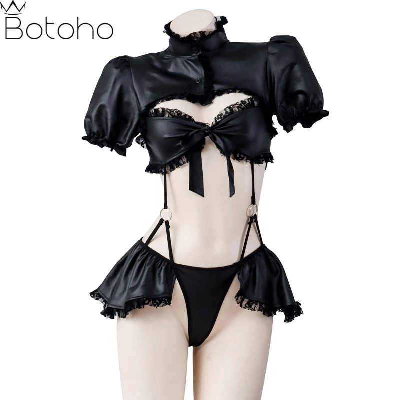 

Anime Maid Cosplay Costume Women Sexy Underwear Hollow out PU Leather Dress Bunny Girl Bodysuit Uniform Halloween Party Clothes