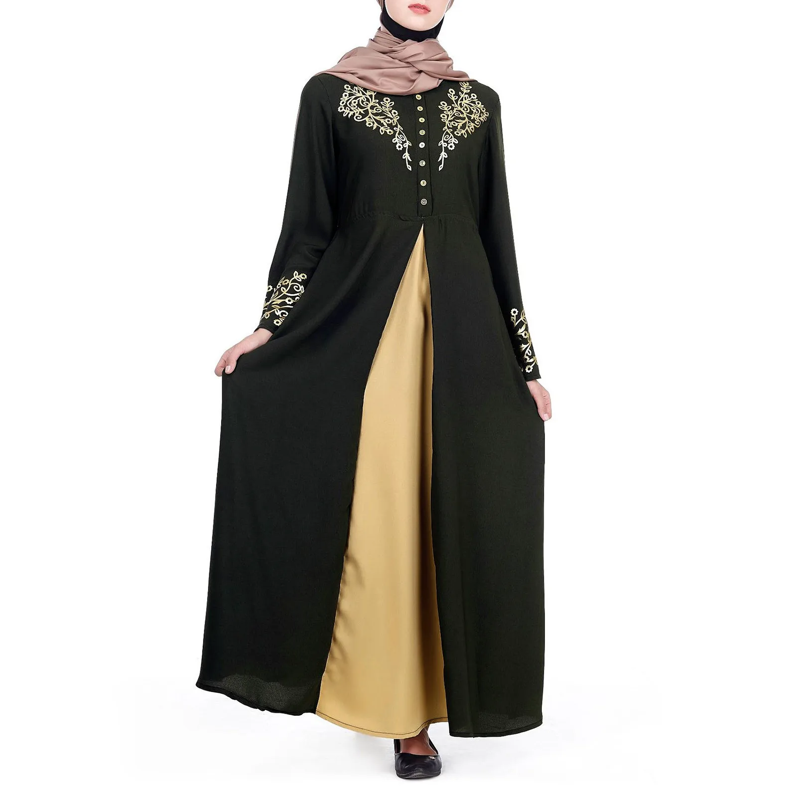 Women's Muslim Hot Stamping Printed Patchwork Long Sleeved Abaya Dubai Arab Islamic Robe Dresses Temperament Robe For Women