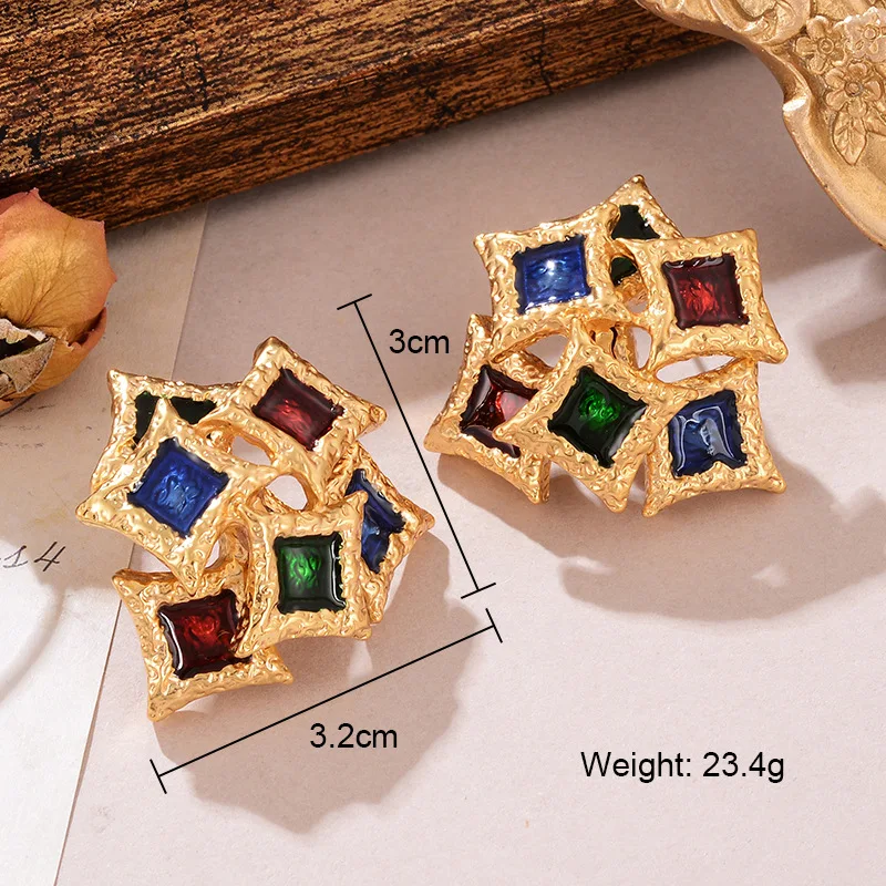 Women green diamond drop glaze earrings square gemstone baroque style 18k gold plated earrings