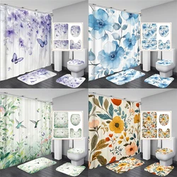 3D Print Plants and Flower-Bird style Bathroom Curtains Shower Curtain Set for Bathroom Non-Slip Carpet Bath Mat Rug Decor