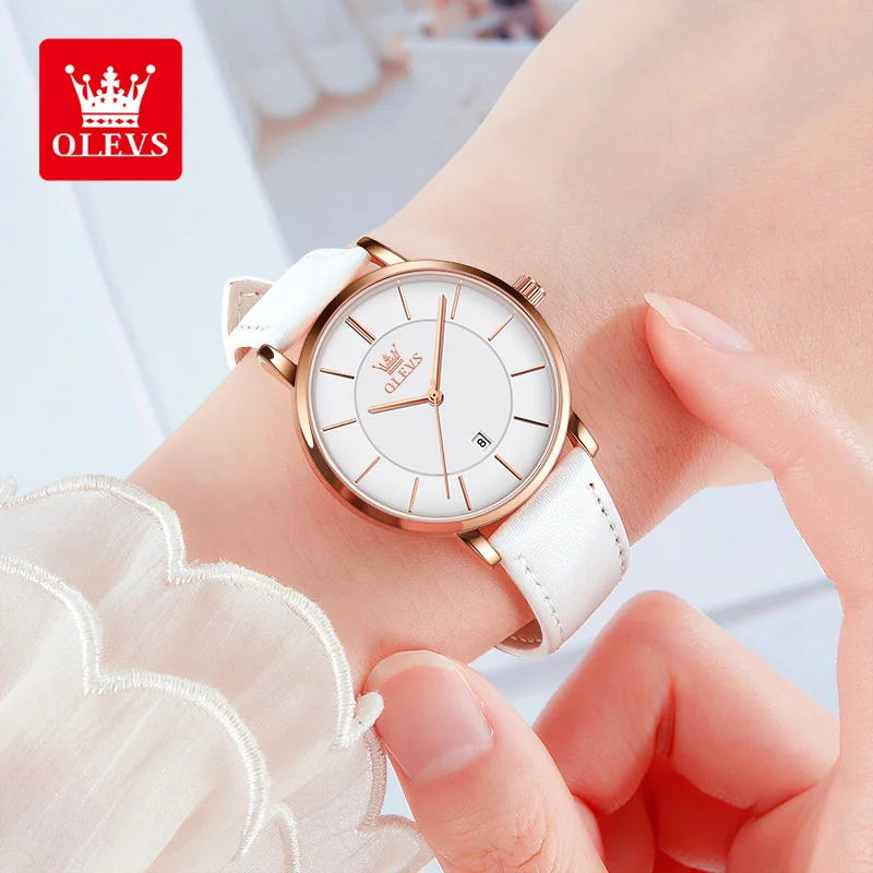 OLEVS 5869 Leather Strap Woman Watch Ultra Thin Waterproof Original Quartz Watch for Women Simplicity Elegant Ladies Wrist Watch