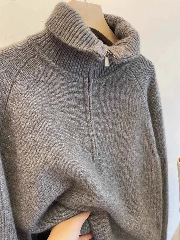 High-necked semi-zipper 100% pure cashmere sweater loose thick high-end sweater temperament coat in autumn and winter