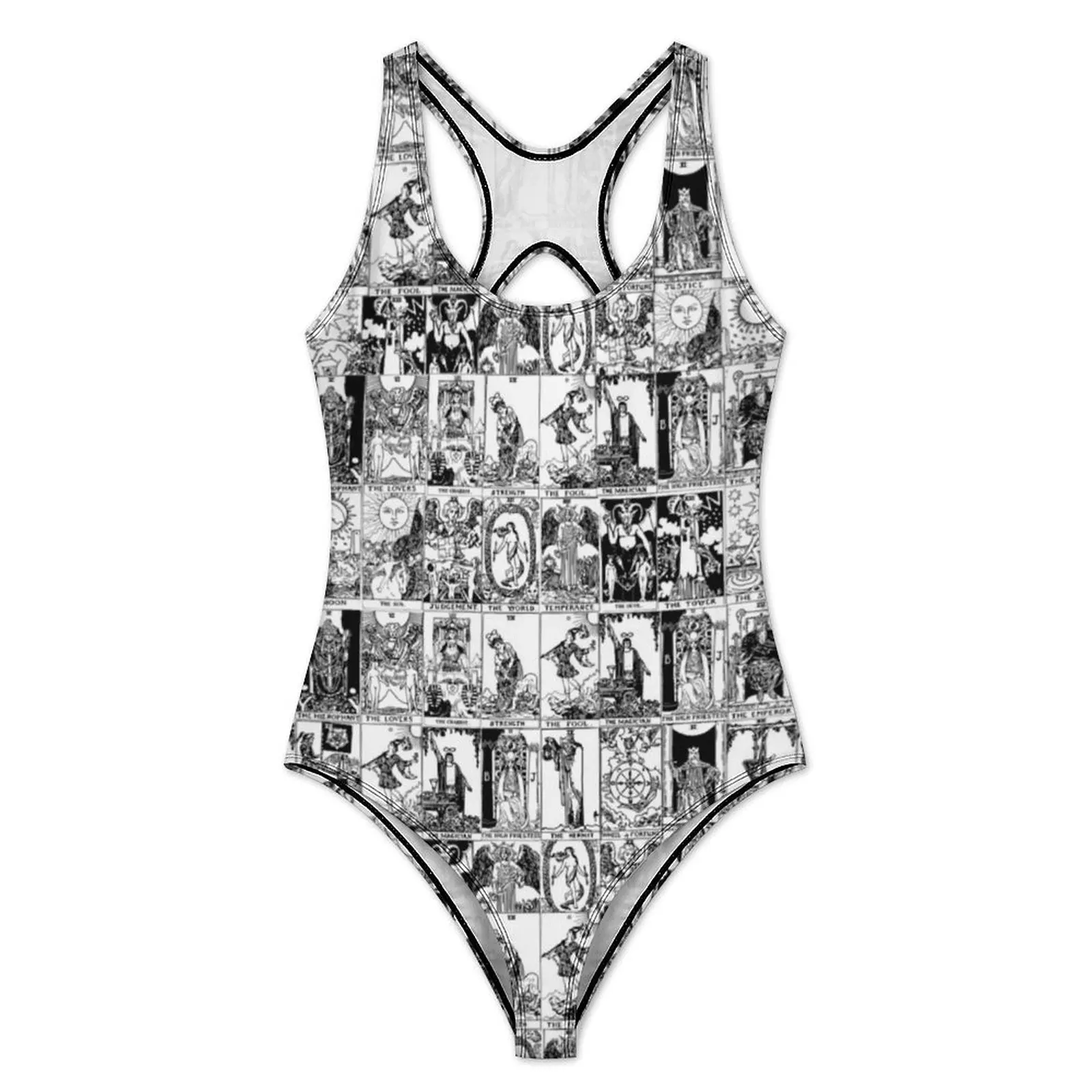 Black And White Tarot Swimsuit Major Arcana One Piece Swimwear Push Up Kawaii Bathing Suit Sexy Holiday Surf Design Beach Wear