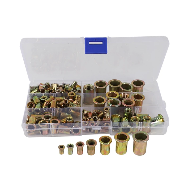 166Pcs/Set Mixed Carbon Steel Rivet Nut M3 M4 M5 M6 M8 M10 M12 Nut Zinc Plated Flat Head Threaded Insert Nut Kit