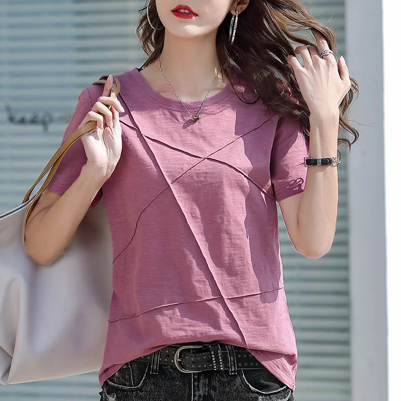 Summer Slim Cotton Bamboo T-Shirts Women 2023 O-Neck Short Sleeve Ribbed Tshirts Female Casual Solid Color Tops