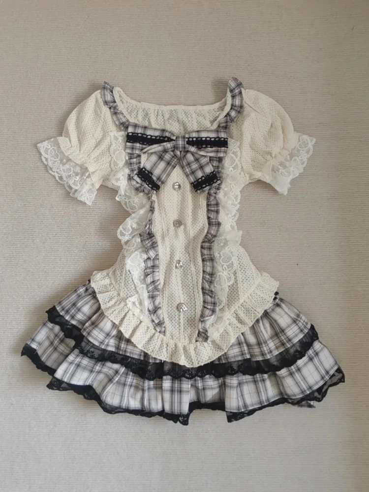 

Japanese Sweet Kawaii Women 2 Piece Set Cute Bow Lace Tops +Mini Puffy Skirt New Fashion Harajuku Y2k Plaid Preppy Style Outfits