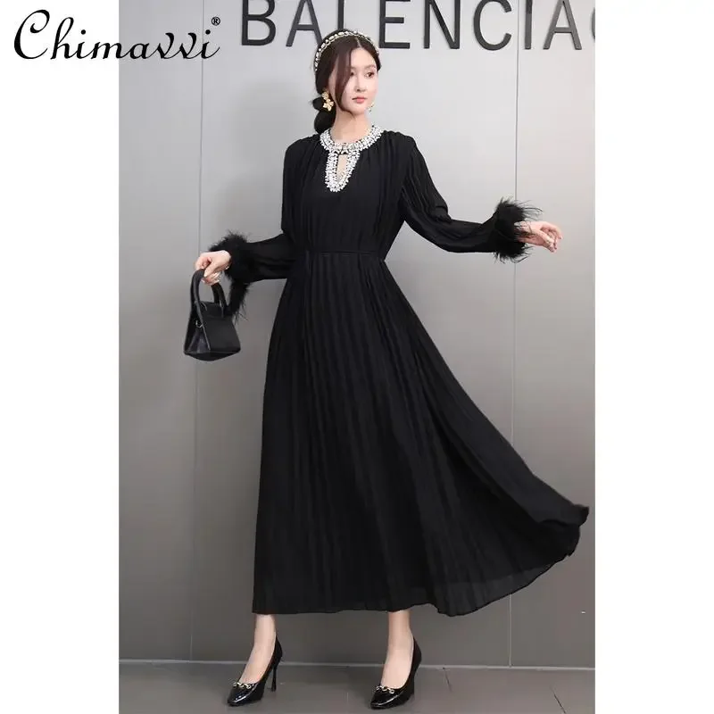 Heavy Pleated Fabric Handmade Nail Drill Fashion Women Dress Spring Autumn High-end Long-sleeved Loose Elegant Big Swing Dress