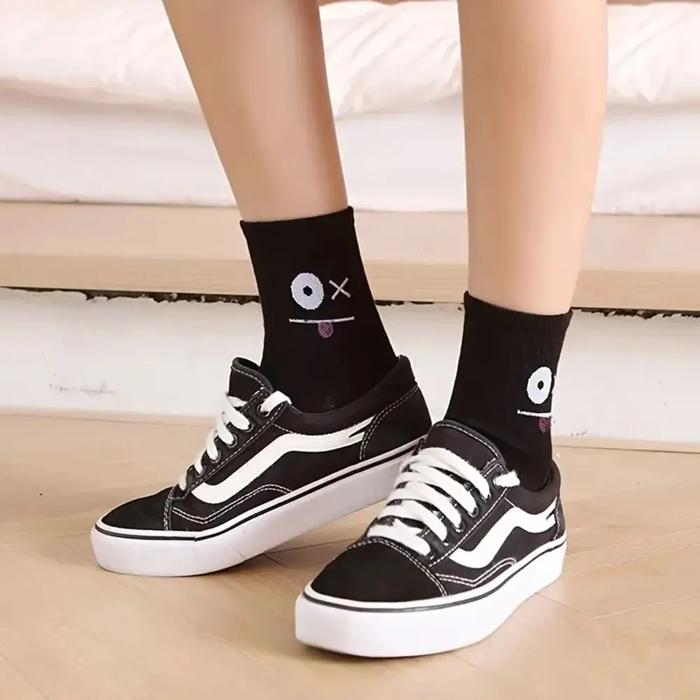 5 Pairs Women\'s Cute Expression Printed Ankle Socks Comfort Interesting Spring Autumn Medium Tube Sock Kawaii Girls\' Short Socks