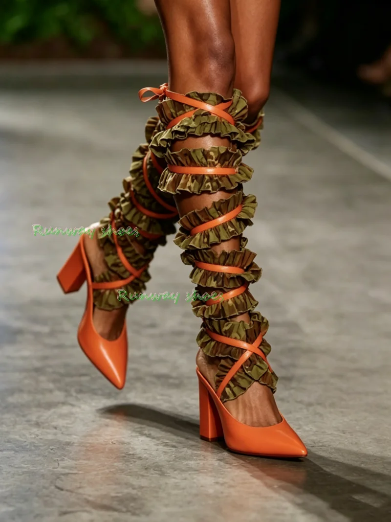 Orange Block Heel Pumps Green Ruffle Lace‑Up Knee High Boots Pointed Toe Wrap Strap Runway Show High Heels  Fashion Women Shoes