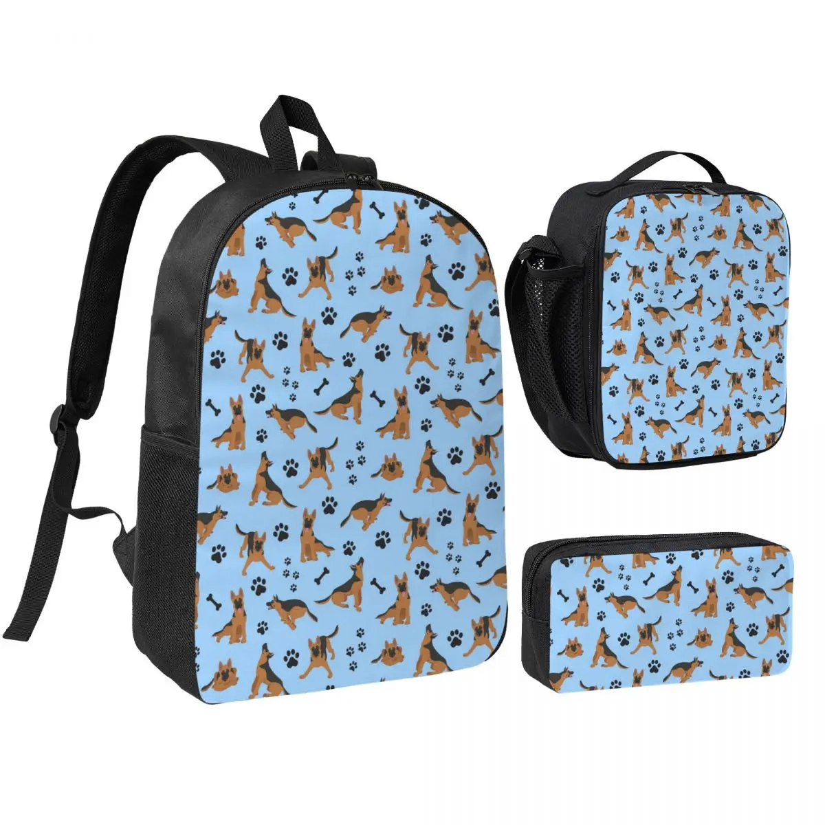 

German Shepherd Pattern In Blue Backpack Student BookBag School Bag Shoulder Bags 3ps Insulated Lunch Bag Pencil Case