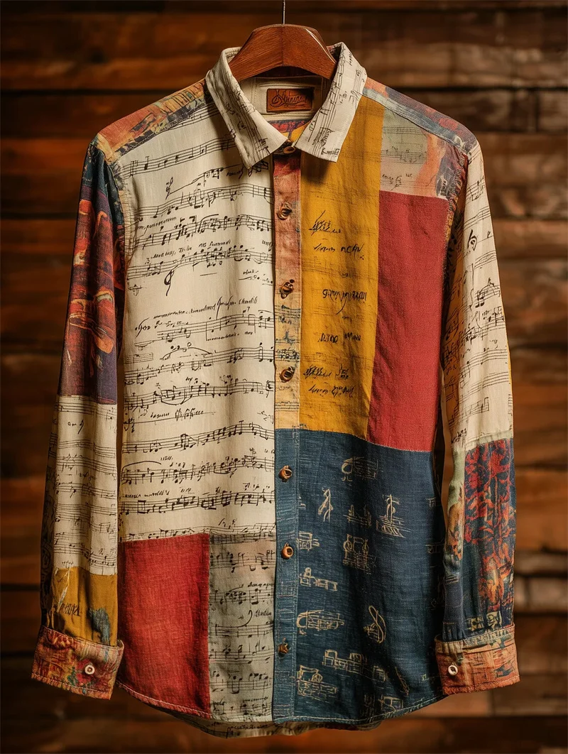 New Men's 3D Art Printed Shirt Casual Vintage Linen Style Long Sleeve Lapel Collar Top Fashion Beige Top